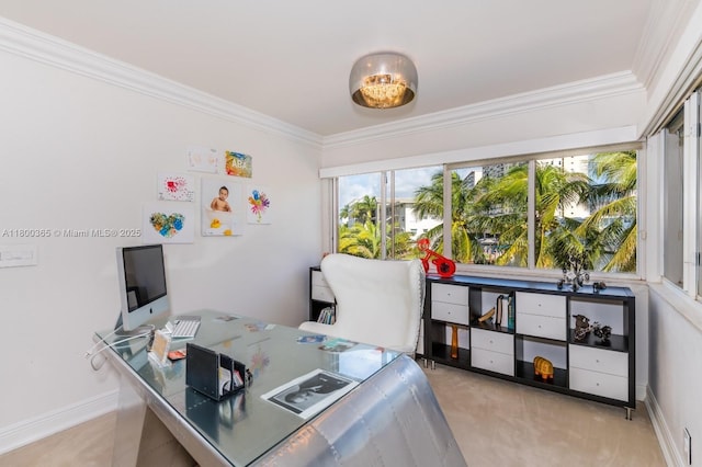 418 Tammarind Dr, Hallandale Beach, FL 33009 - office area featuring ornamental molding, baseboards, and light colored carpet