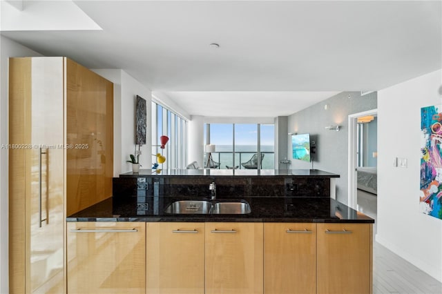 6799 Collins Ave Unit 1602, Miami Beach, FL 33141 - kitchen featuring a sink, dark stone counters, light wood finished floors, modern cabinets, and open floor plan