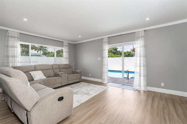 7450 Branch St, Hollywood, FL 33024 - living area with baseboards, crown molding, wood finished floors, and recessed lighting