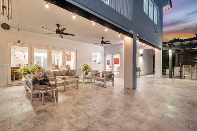 20230 NW 7th St, Pembroke Pines, FL 33029 - patio terrace at dusk with french doors, an outdoor living space, ceiling fan, and a patio