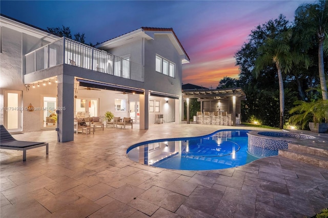 20230 NW 7th St, Pembroke Pines, FL 33029 - view of swimming pool with an outdoor hangout area, a patio, ceiling fan, a pool with connected hot tub, and a pergola