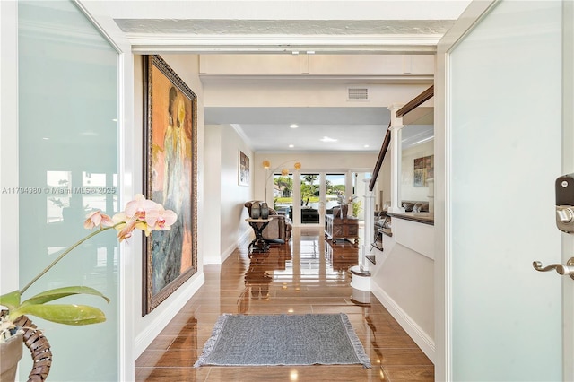 20230 NW 7th St, Pembroke Pines, FL 33029 - foyer with baseboards, wood finished floors, french doors, ornamental molding, and recessed lighting