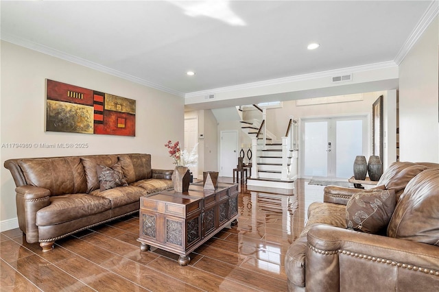 20230 NW 7th St, Pembroke Pines, FL 33029 - living area with ornamental molding, stairway, recessed lighting, french doors, and wood tiled floors
