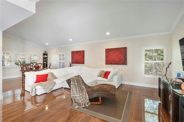 20230 NW 7th St, Pembroke Pines, FL 33029 - living area featuring plenty of natural light, dark wood finished floors, recessed lighting, and ornamental molding