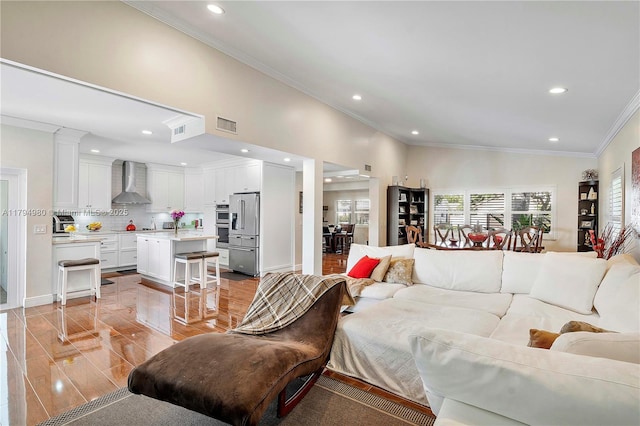 20230 NW 7th St, Pembroke Pines, FL 33029 - living room with crown molding, recessed lighting, light wood-style flooring, and ornate columns