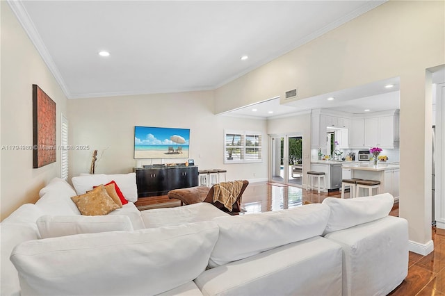 20230 NW 7th St, Pembroke Pines, FL 33029 - living area with crown molding, recessed lighting, dark wood finished floors, lofted ceiling, and baseboards