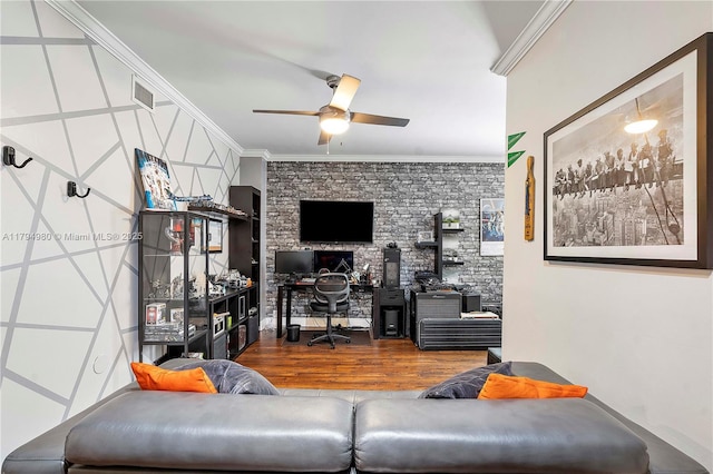 20230 NW 7th St, Pembroke Pines, FL 33029 - living room featuring ornamental molding, wood finished floors, ceiling fan, and a desk