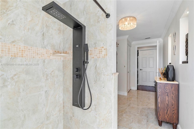 20230 NW 7th St, Pembroke Pines, FL 33029 - bathroom featuring crown molding, tiled shower, a chandelier, marble finish flooring, and baseboards
