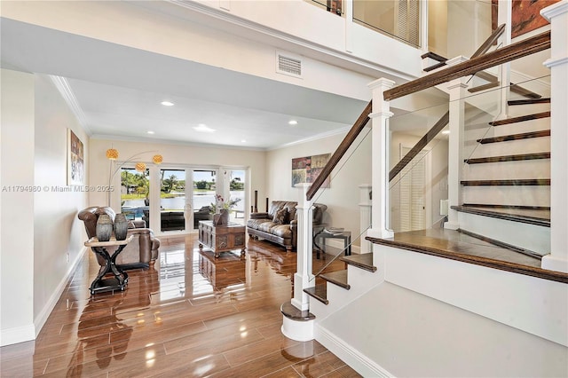 20230 NW 7th St, Pembroke Pines, FL 33029 - living area with ornamental molding, baseboards, stairs, wood finished floors, and recessed lighting