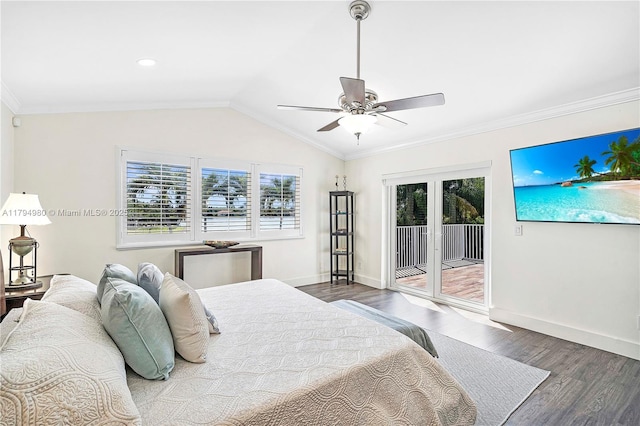 20230 NW 7th St, Pembroke Pines, FL 33029 - bedroom featuring wood finished floors, access to exterior, ornamental molding, ceiling fan, and vaulted ceiling