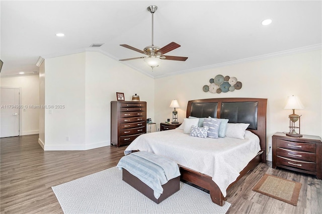 20230 NW 7th St, Pembroke Pines, FL 33029 - bedroom with wood finished floors, crown molding, vaulted ceiling, recessed lighting, and a ceiling fan