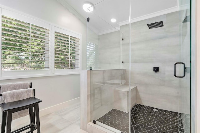 20230 NW 7th St, Pembroke Pines, FL 33029 - bathroom featuring ornamental molding, a shower stall, and baseboards