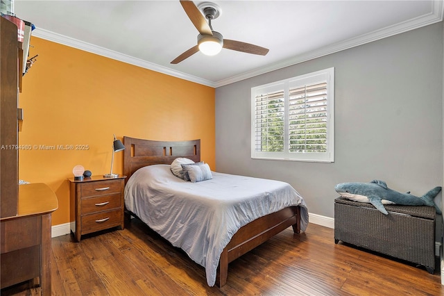 20230 NW 7th St, Pembroke Pines, FL 33029 - bedroom with ornamental molding, baseboards, dark wood-style floors, and a ceiling fan