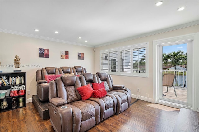 20230 NW 7th St, Pembroke Pines, FL 33029 - cinema featuring recessed lighting, baseboards, ornamental molding, and dark wood-style floors