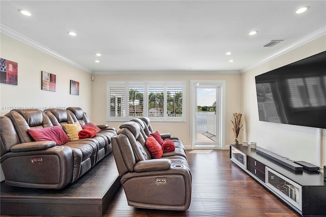 20230 NW 7th St, Pembroke Pines, FL 33029 - living room with recessed lighting, ornamental molding, and dark wood-style flooring