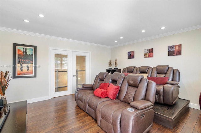 20230 NW 7th St, Pembroke Pines, FL 33029 - home theater room with french doors, crown molding, recessed lighting, wood-type flooring, and baseboards