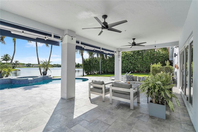 20230 NW 7th St, Pembroke Pines, FL 33029 - view of patio featuring a water view, an outdoor living space, a ceiling fan, and a pool with connected hot tub