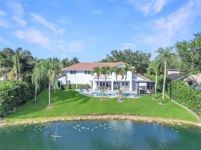 20230 NW 7th St, Pembroke Pines, FL 33029 - rear view of house featuring a water view, a patio, a lawn, and stucco siding