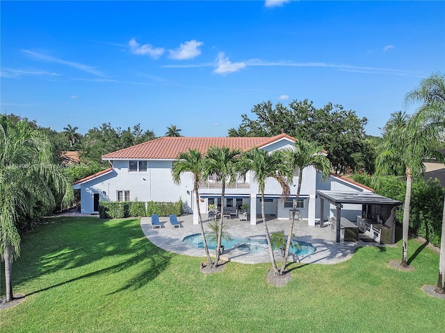 20230 NW 7th St, Pembroke Pines, FL 33029 - rear view of house with an in-ground hot tub, a lawn, a patio, a tiled roof, and an outdoor pool
