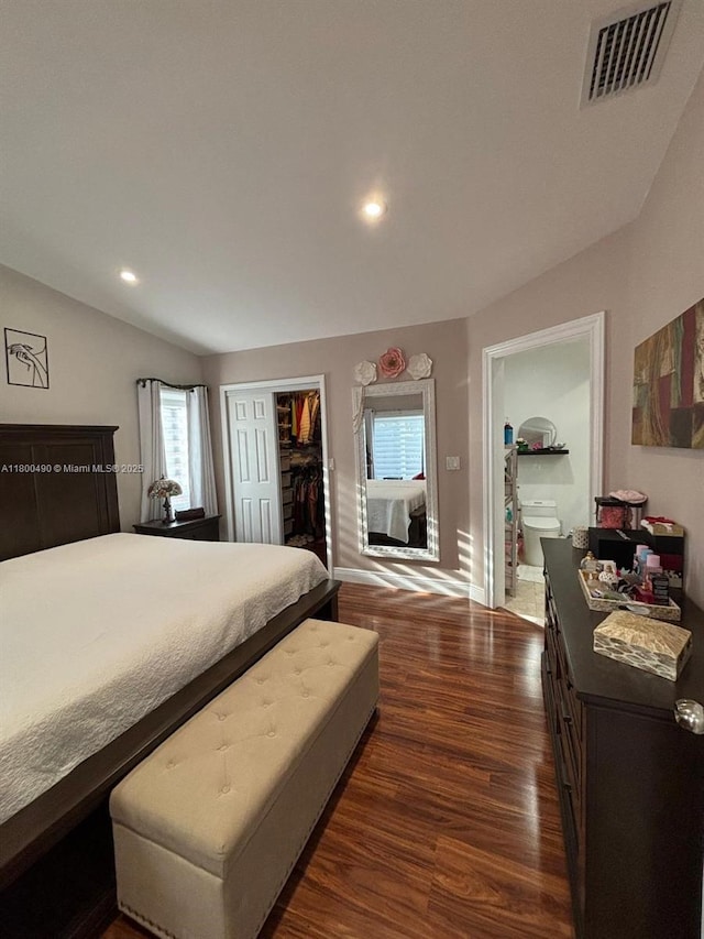 14530 SW 123rd Ct, Miami, FL 33186 - bedroom with vaulted ceiling, dark wood-style floors, recessed lighting, connected bathroom, and a closet