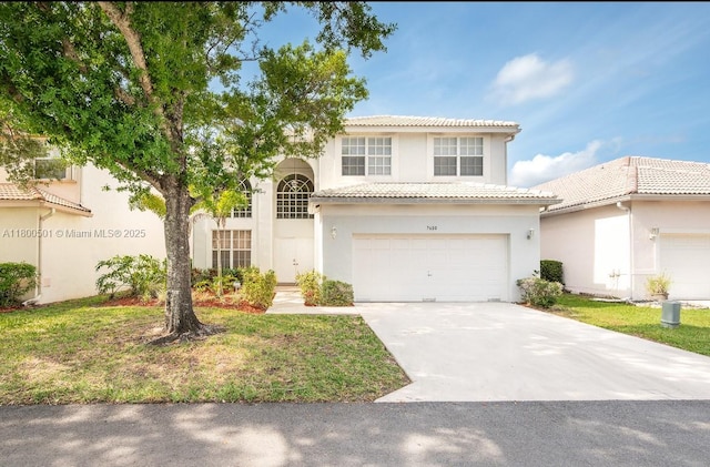 7600 Belmonte Blvd, Margate, FL 33063 - mediterranean / spanish home with stucco siding, driveway, a tile roof, a front yard, and a garage