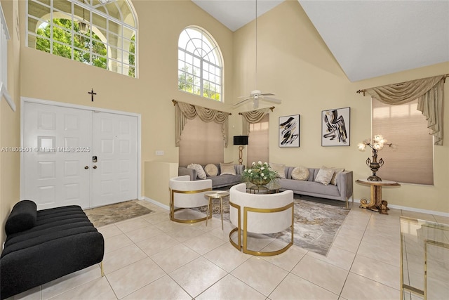 7600 Belmonte Blvd, Margate, FL 33063 - tiled living area with high vaulted ceiling and a ceiling fan