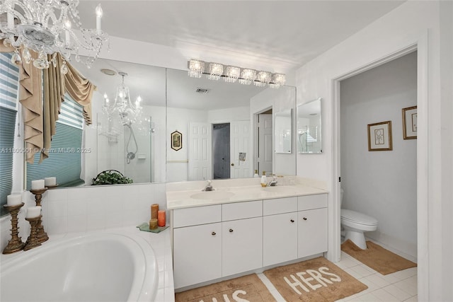 7600 Belmonte Blvd, Margate, FL 33063 - bathroom with a shower stall, a chandelier, tile patterned flooring, vanity, and toilet