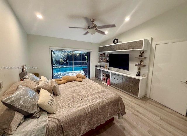 4909 Bayberry Ln, Tamarac, FL 33319 - bedroom with access to outside, light wood-style flooring, lofted ceiling, a ceiling fan, and recessed lighting