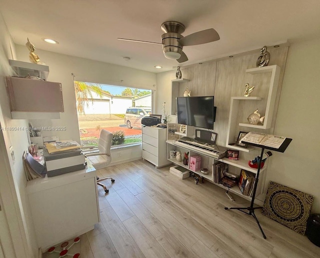 4909 Bayberry Ln, Tamarac, FL 33319 - office with a ceiling fan, light wood-style floors, and recessed lighting