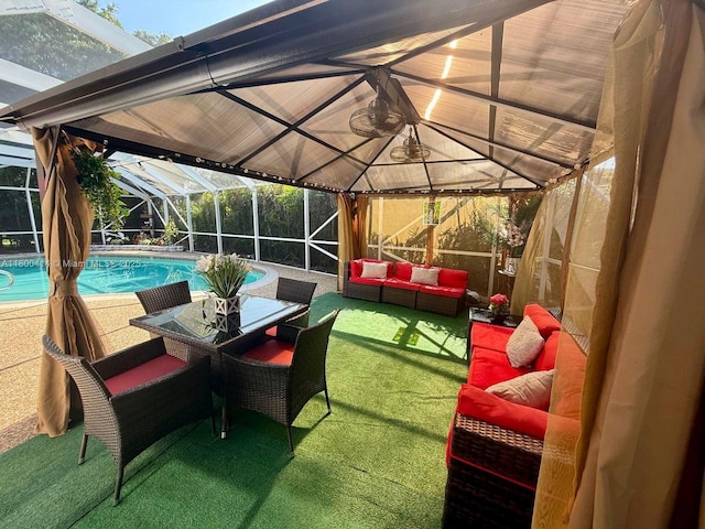 4909 Bayberry Ln, Tamarac, FL 33319 - view of patio / terrace with an outdoor hangout area, an outdoor pool, glass enclosure, and a gazebo