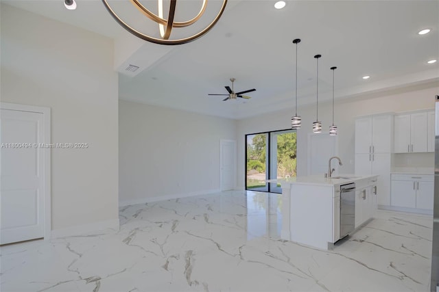 kitchen featuring a sink, dishwasher, recessed lighting, a ceiling fan, and white cabinetry