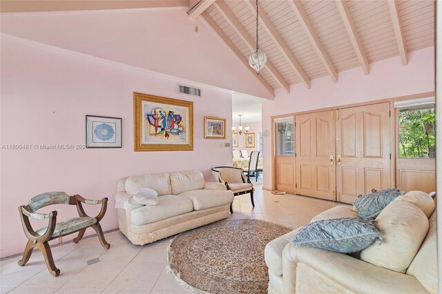 9905 SW 131st St, Miami, FL 33176 - living area featuring light tile patterned flooring, a chandelier, high vaulted ceiling, beamed ceiling, and wooden ceiling