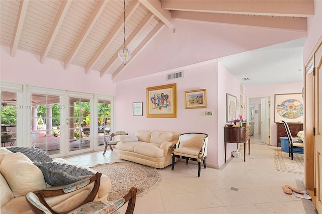 9905 SW 131st St, Miami, FL 33176 - living room with high vaulted ceiling, beam ceiling, light tile patterned floors, baseboards, and french doors
