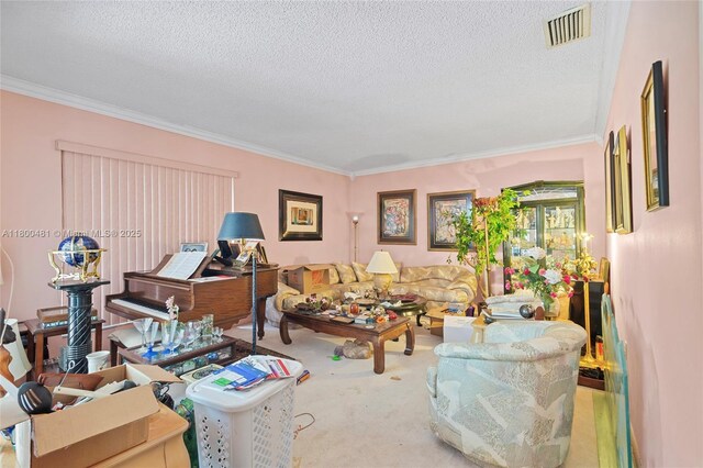 9905 SW 131st St, Miami, FL 33176 - living area with carpet, crown molding, and a textured ceiling