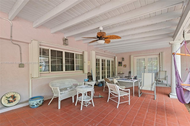 9905 SW 131st St, Miami, FL 33176 - sunroom featuring french doors, a ceiling fan, and beam ceiling