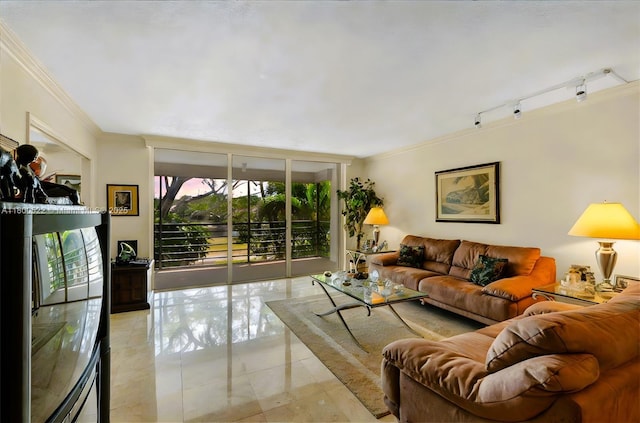 823 Cypress Blvd Unit 204, Pompano Beach, FL 33069 - living area featuring ornamental molding, rail lighting, and light tile patterned floors