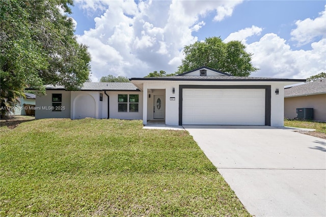 single story home featuring stucco siding, cooling unit, and concrete driveway