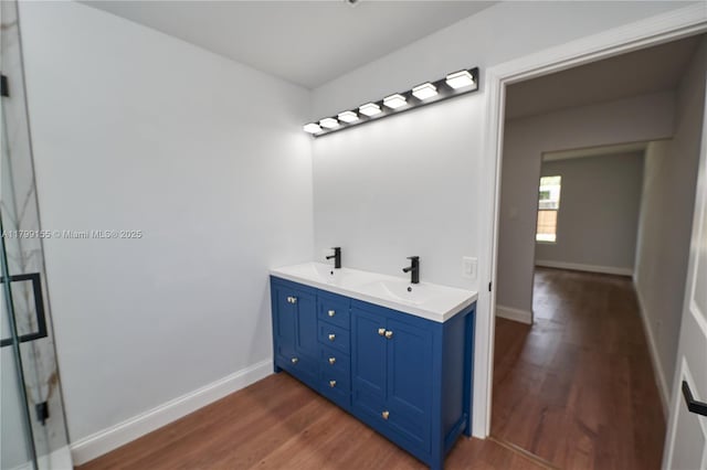 full bathroom featuring wood finished floors, baseboards, and double vanity