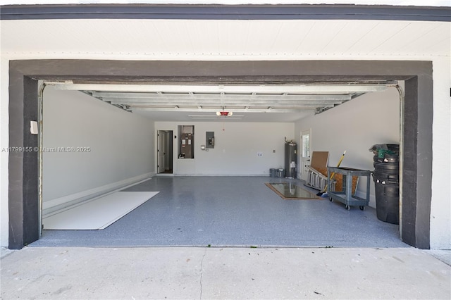 garage with water heater, electric panel, and a garage door opener