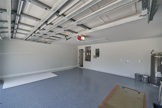 garage featuring electric water heater, electric panel, and a garage door opener