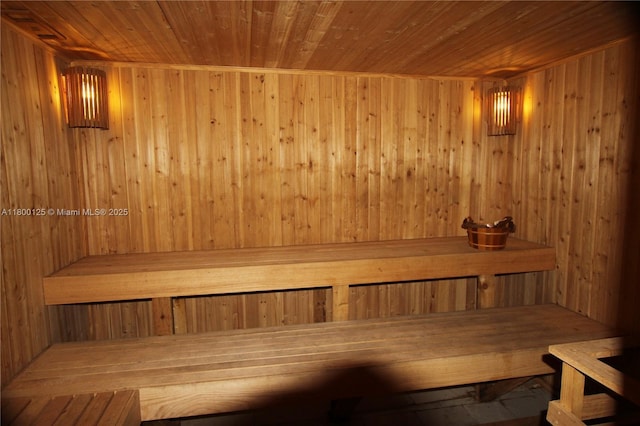 relaxing sauna / steam room featuring wood walls and wooden ceiling