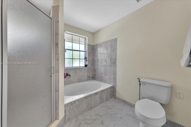 1060 SW 111th Way, Davie, FL 33324 - bathroom with marble look tiles, toilet, a shower stall, a garden tub, and baseboards