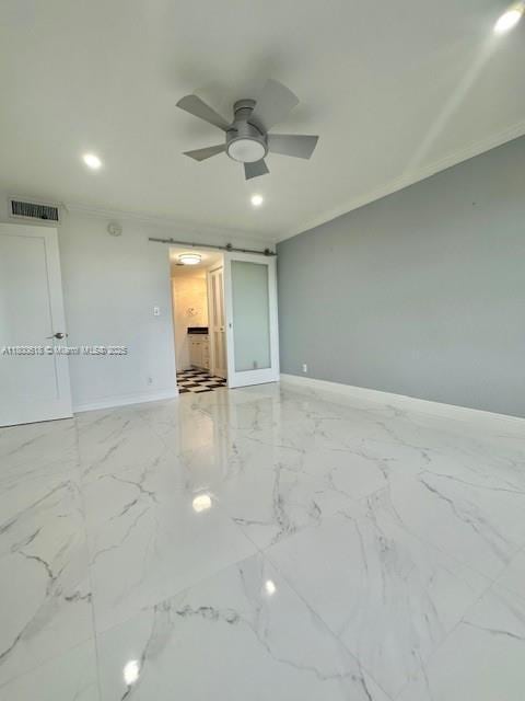 10777 W Sample Rd Unit 610, Coral Springs, FL 33065 - spare room with baseboards, crown molding, marble finish floors, a ceiling fan, and recessed lighting