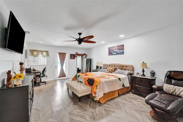 bedroom featuring access to exterior, recessed lighting, a textured ceiling, a ceiling fan, and baseboards