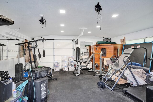 exercise room featuring a garage