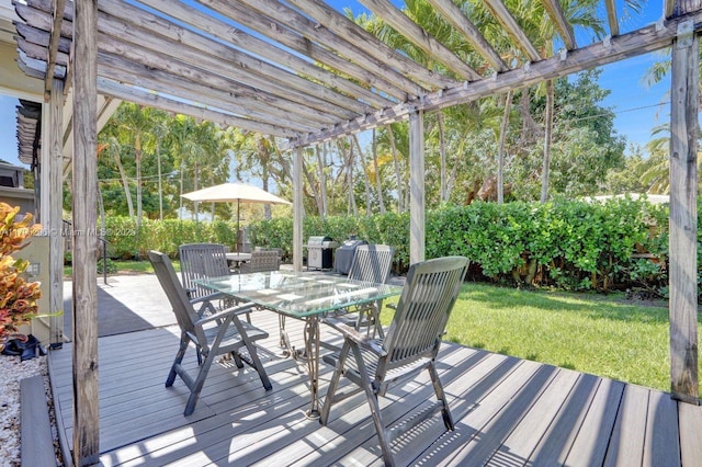 825 NE 98th St, Miami Shores, FL 33138 - wooden deck with outdoor dining area, a pergola, and a lawn
