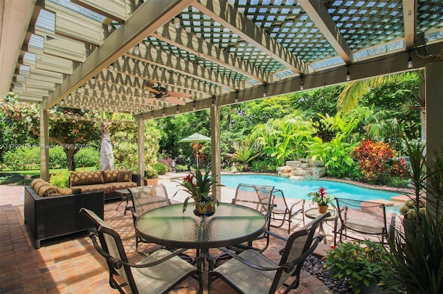 8345 SW 143rd St, Palmetto Bay, FL 33158 - view of patio / terrace featuring a pergola, a ceiling fan, an outdoor pool, an outdoor living space, and outdoor dining area