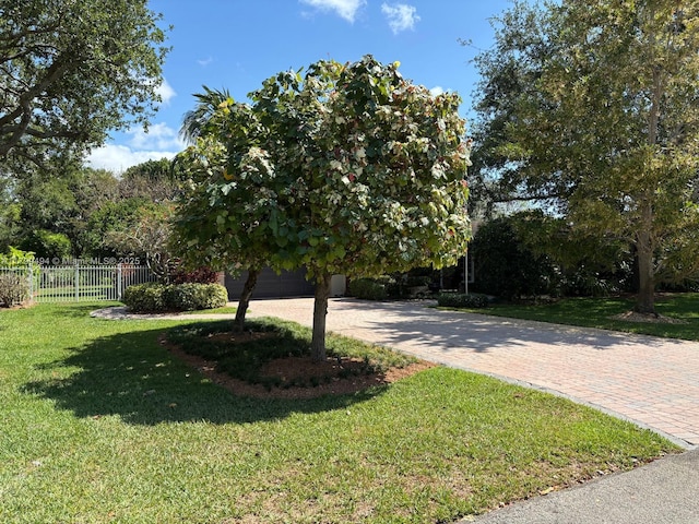 view of yard with decorative driveway and a garage