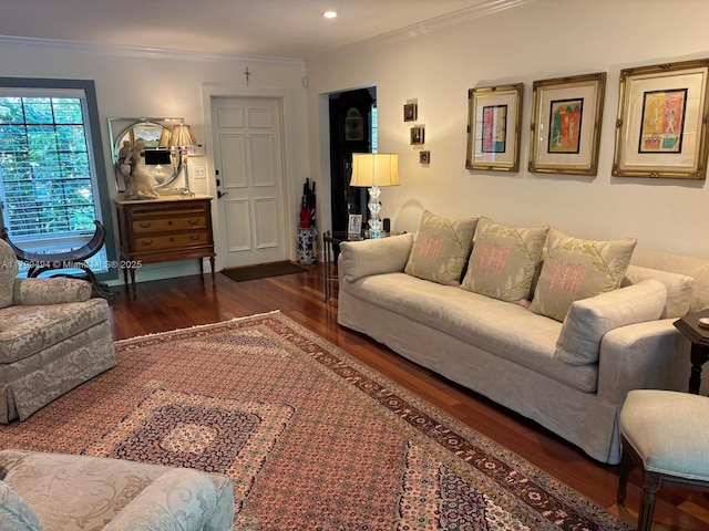 living area featuring wood finished floors, ornamental molding, and recessed lighting