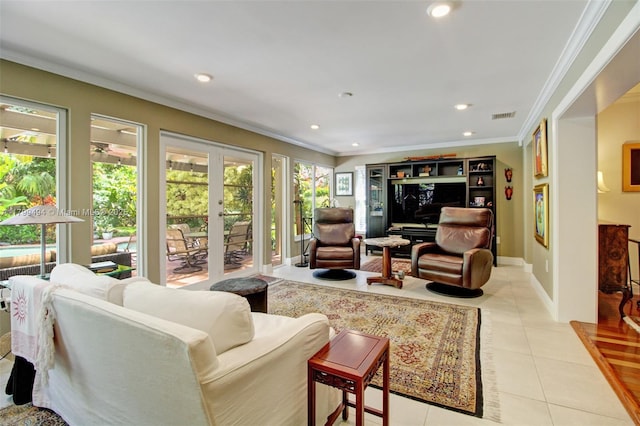 8345 SW 143rd St, Palmetto Bay, FL 33158 - living area featuring ornamental molding, light tile patterned floors, and recessed lighting